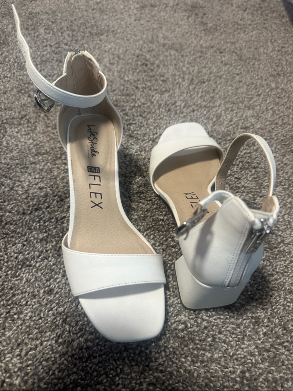 Life Stride White Ankle-Strap Block Heel Sandals